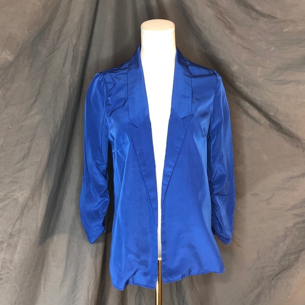 80’s Blue Spring Women's Jacket with gathered 3/4 length sleeves Size Small